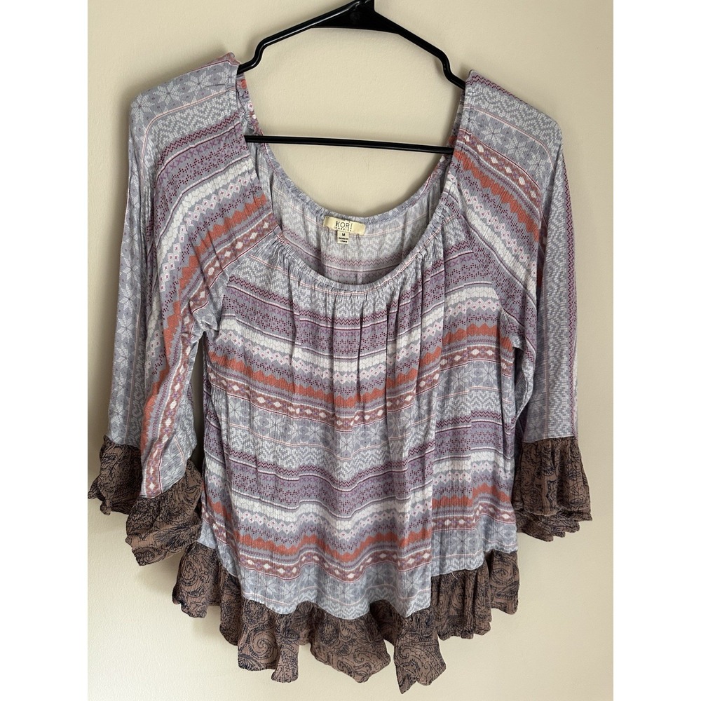 Kori America Boho Mixed Print Ruffle Bell Sleeve Peasant Blouse Purple Medium